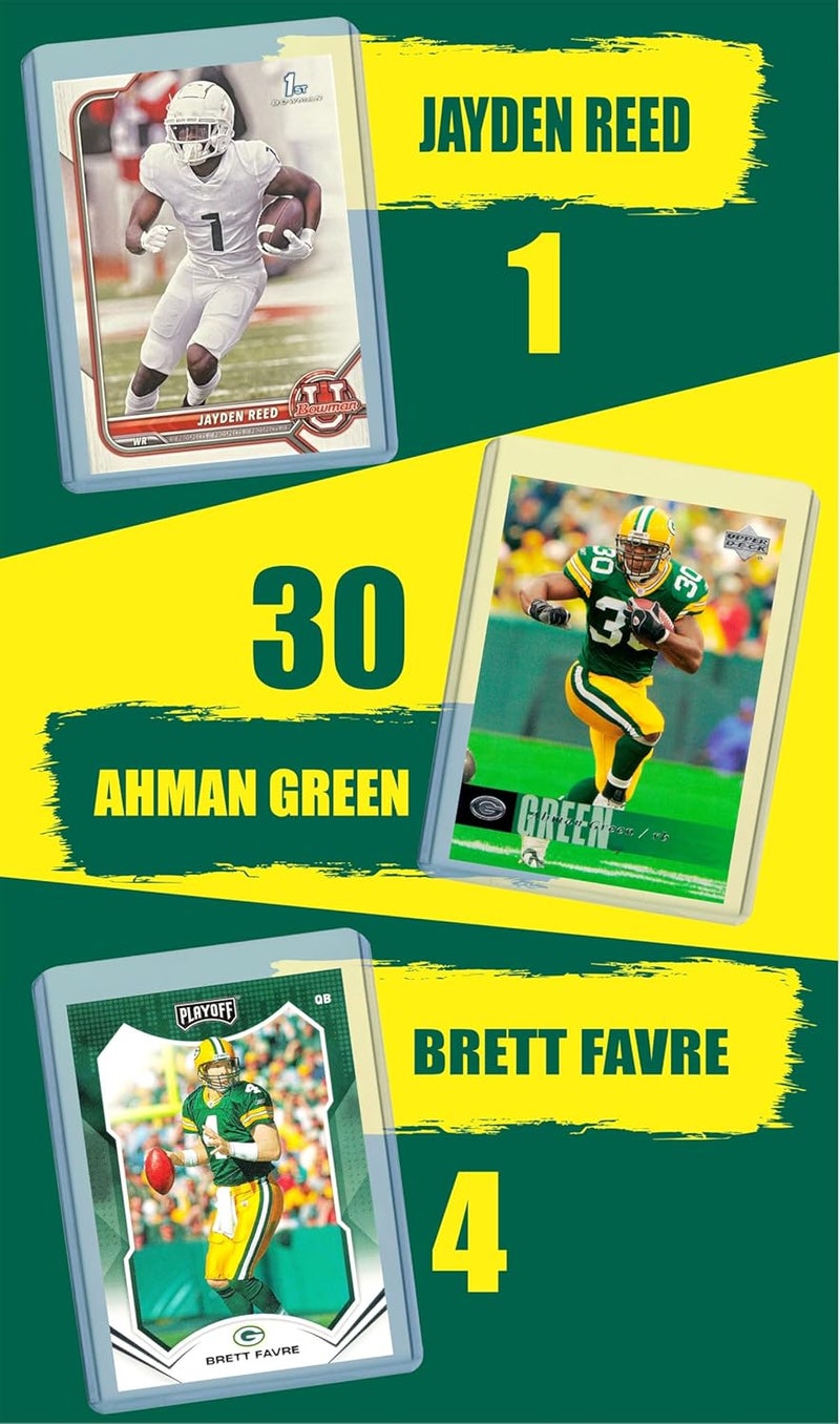 Chaser Green Bay Packers Cards: Jordan Love, Josh Jacobs, Jayden Reed, Ahman Green, Brett Favre, Aaron Rodgers, Christian Watson, Edgerrin Cooper, Romeo Doubs ASSORTED Football Stars & GOATs Trading Card & Wristbands Gift Pack - Image 2